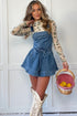 Buckle Strap Backless Drawstring Flared Denim Romper